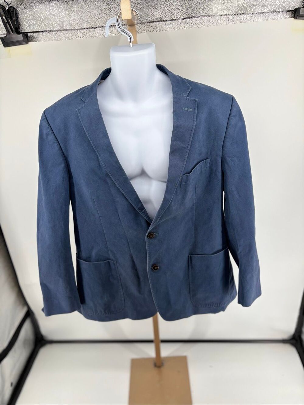 Alan Flusser Men’s Blazer 46L Blue Cotton Stretch Patch Pocket Two Button